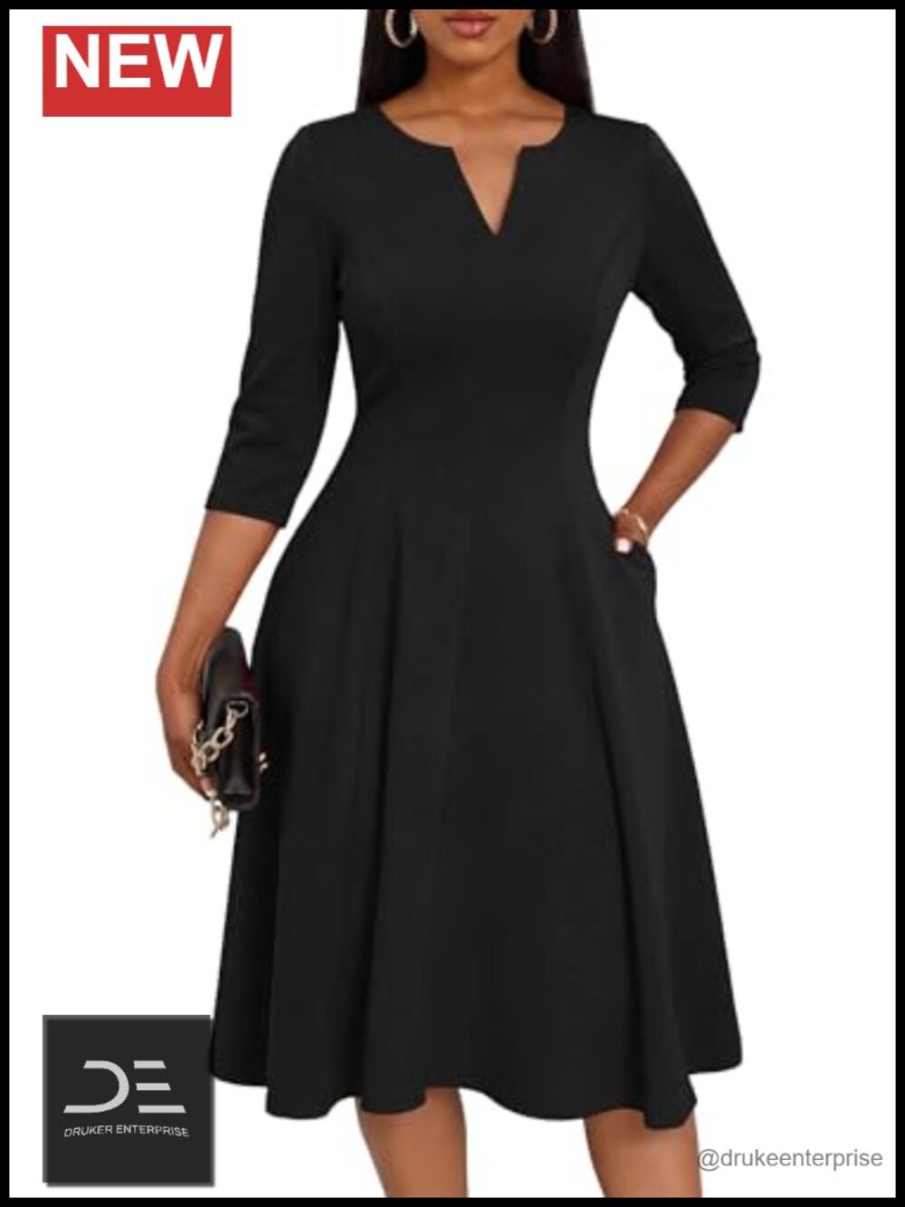 A-Line Midi Dress 3/4 Sleeve V-Neck Pockets Fit and Flare Women's